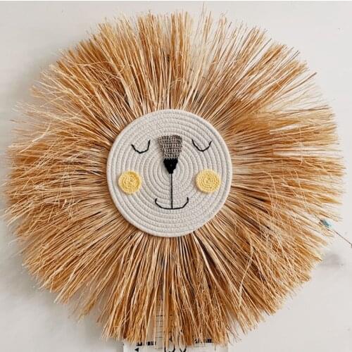 Home boho decor handmade woven Cartoon Lion wall Hanging Decoration Cotton Thread and straw Animal Ornament Children room prop