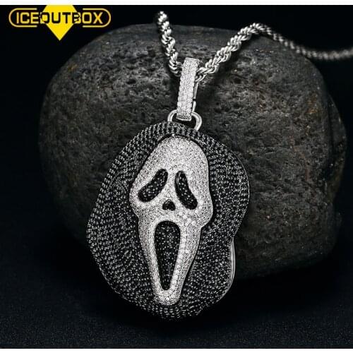 ICEOUTBOX Black Stone Ghost Face Hip Hop Pendant Silver Color For Mens Fashion Rock Jewelry Bling Iced Out Cubic Zircon Necklace