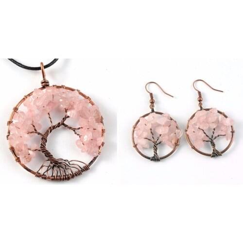 KFT Red Bronze Wire Wrap Tree of Life Natural Rose Pink Quartz Stone Pendant Necklace Earrings For Women Jewelry Sets