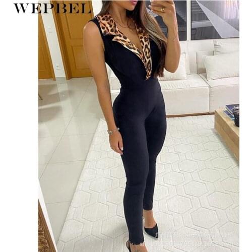 WEPBEL Women Sexy Leopard Patchwork Skinny Jumpsuit Ladies Elegant Sleeveless V Neck High Waist Slim Fit Pencil Trousers Romper