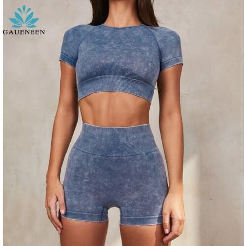 2pcs Workout Clothes For Women Acid Wash Seamless Shorts Set Women Fitness Gym Crop Top Summer Yga Set Biker Shorts 2 Piece Set