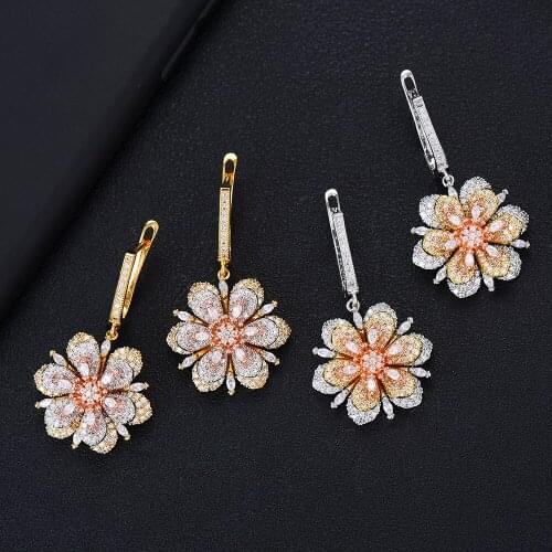 LARRAURI Elegant Flower Drop Earrings For Women Luxury Cubic Zirconia Dangle Statement Earrings Fashion Jewelry Party Wedding