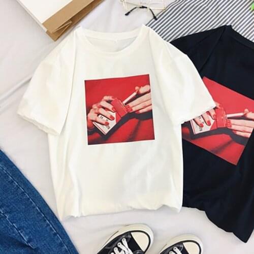 Summer Harajuku Casual Funny Women T-shirt short sleeve cigarette print Slim Korean Style Oversized white Tees couple clothes