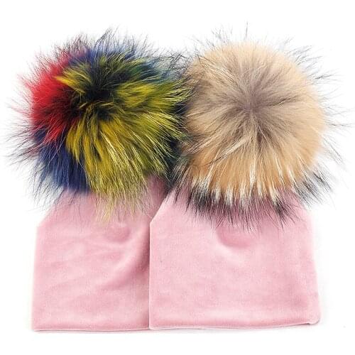 Cute Big Real Fur Pompom Baby Girls Boys Beanies Infant Newborn Winter Warm Hats Unisex For 0-3 Month Baby Warm Caps