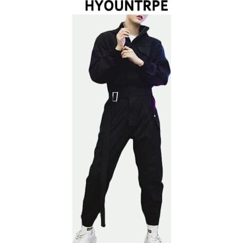 Fashion Zipper Men Hooded Romper Autumn Long Sleeve Jumpsuit with Belt Cargo Pockets Tops Trousers Black One-piece Suit Overalls