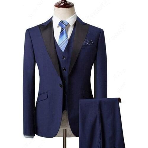 2020 Three Pieces Blue Evening Party Men Suits Peak Lapel Slim Fit Custom Made Wedding Tuxedos (Jacket + Pants + Vest+Tie)