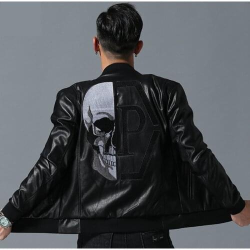 Skull Rhinestones Jacket Men Stand Collar Zipper Pu Coat Autumn Winter Warm Outwear Embroidery Motorcycle Faux Leather Jackets