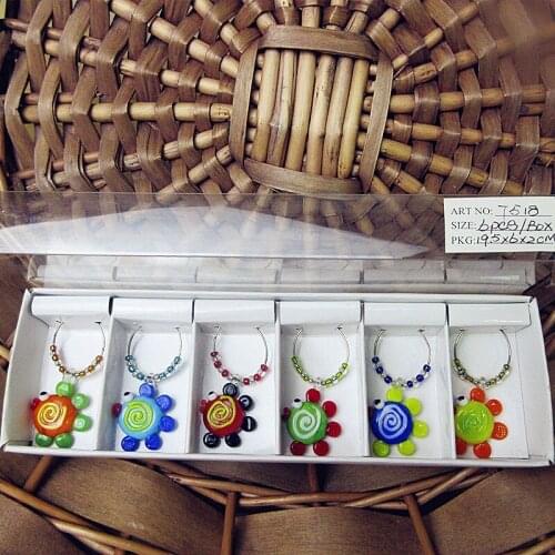 6pcs Custom hand blown murano glass tropical fish cartoon figurine rings pendant wedding bar party wine glass charms Marker set