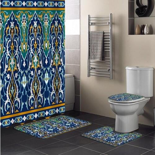 Pattern Blue Art Flower Decor Vine Carving Shower Curtain Set Toilet Seat Cover Set Bathroom Shower Curtain Set Bath Mats Rugs