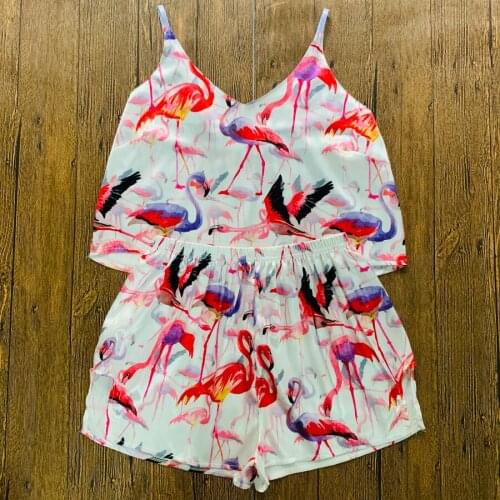 New Pajamas Sexy Loose Pijama Nightie Sleepwear Home Clothes Tops and Shorts Womens Silk Pyjamas Cute Animal Print Pajama Set