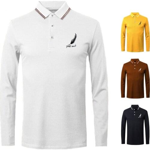 Autumn Mens Sport Shirts Tops Turn Down Collar Base T-shirt Buttons Long Sleeve Feather Print Shirt Solid Casual Pullover Top