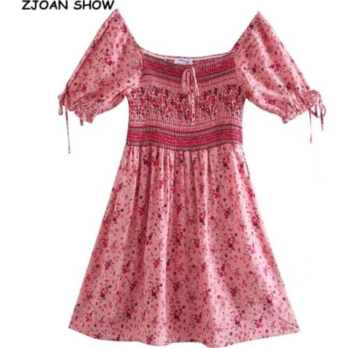 Holiday Tie Bow Lacing up Slash Collar Floral Print Pleated Elastic Ruched Dress BOHO Woman Puff Sleeve Mini Short Dresses