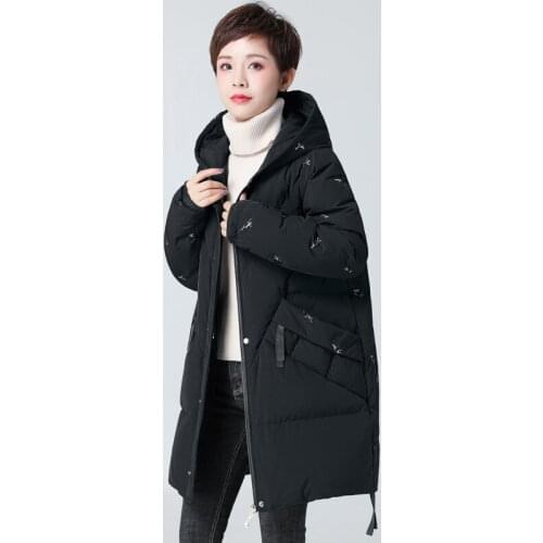 Womens down jacket Winter womens long straight cotton jacket Hooded embroidered mid-length thick coat Ladies jacket