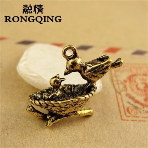 RONGQING 40pcs/lot Antique Bronze 22*18*9MM Bird Feeding Charms Mothers' Day Gift Handmade Jewelry Supplier