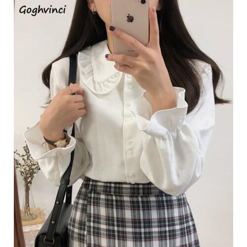 Shirts Women Peter Pan Collar Korean Style Chic Fashion Flare Sleeve Solid Simple Casual Blouses Kawaii Lovely Streetwear Womens
