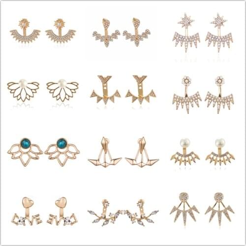 Jisensp Bohemian Fashion Crystal Front Back Double Sided Stud Earrings for Women Wedding Ear Jackets Pearl Piercing Jewelry Gift