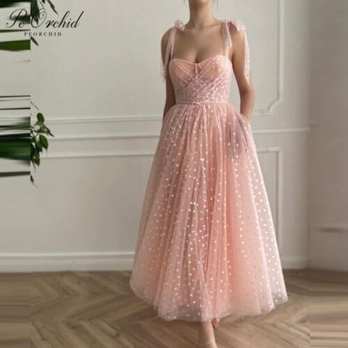 PEORCHID Chic Pink Short Prom Dresses 2021 Shiny Hearts Tea Length Robes De Cocktail Tulle Fairy Party Dress Women Formal Gowns