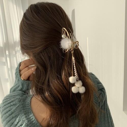 New Fairy Hollow Crab Clips Butterfly Handmade Hair Clip Furrly Ball Imitation Pearl Chain Long Tassel Hair Claw Hair Accessorie