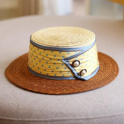 Womens Straw Woven Summer Hats Fashioon Color Matching Polka Dots Decor Adjustable Sun Hats Vintage Style Beach Hats