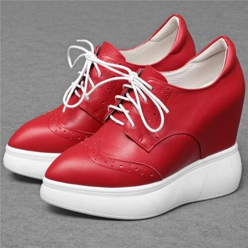 12cm High Heel Fashion Sneakers Women Lace Up Genuine Leather Wedges Ankle Boots Female Pointed Toe Platform Pumps Casual Shoes