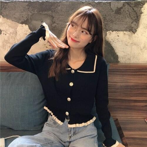 French Sweet Polo Collar Women Crop Top Loose Wood Ears Long Sleeve Knitted Cardigan