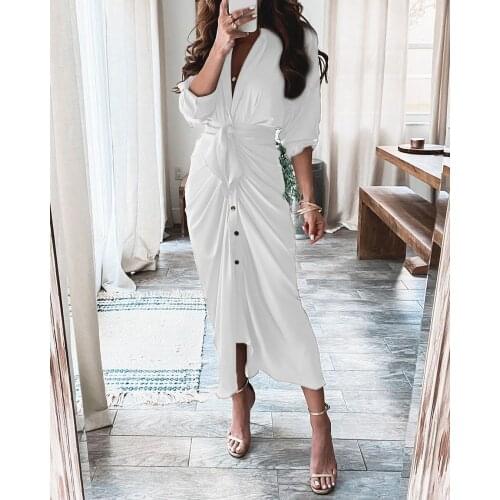 Summer V-neck Button Printed Dress 2021 Spring and Autumn White Long Skirt Fashion Lace-up Skirt XL Womens Long Sleeve Dress