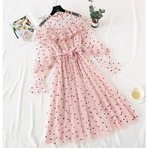 Two pieces Sweet O-Neck High Waist Long Dresses 2019 Women Spring Robe Femme Slim Dot Print Mesh Dress Lantern Sleeve Vestidos