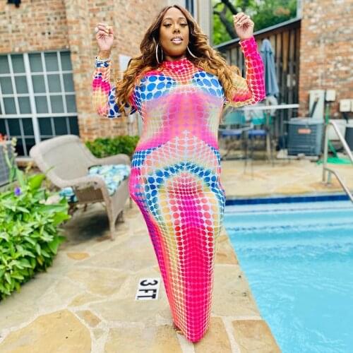 XL-5XL Tie Dyeing Print Plus Size Maxi Dress Women Sexy Mock Neck Long Sleeve Bandage Dresses Vintage Body-shaping Robe Femme