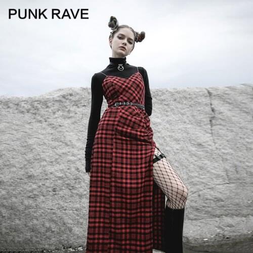 PUNK RAVE Girls Yellow Red Plaid Sleeveless Split Sexy Cotton Sling Dress Waist Was Thin Temperament Women Dresses