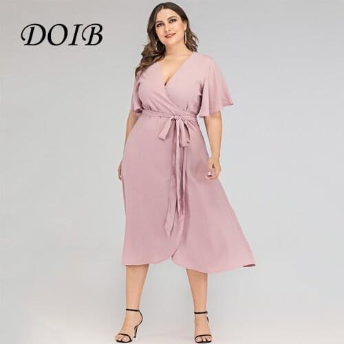DOIB Women Pink Dress Plus Size Cross V Neck Butterfly Sleeve Sashes Large Size Dress 2021 Vintage Dress
