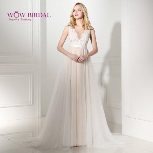 Wowbridal Beige Evening Dress 2021 V Neck Zipper Back Lace Floor Length Backless Formal Dresses robe de soiree