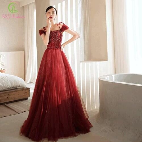 SSYFashion New Elegant Wine Red Evening Dress for Women A-line Sequins Beading Glittering Party Formal Gowns Vestidos De Noche