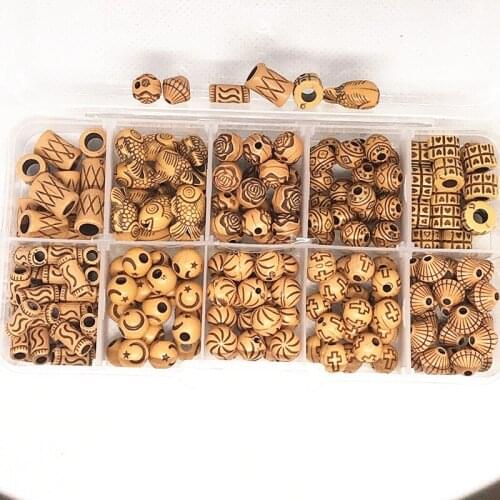 10 Grids/Box Retro Imitation Wood Set Decorative Beads ,Plastic Large Hole Stripes Bead for Shoes/ Hats/ Bags Accessories DIY