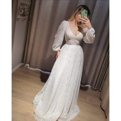 2021 Simple but Elegant Vestidos De Novias Plunging V Neck Lace Long Sleeve A Line Fairy Wedding Dresses