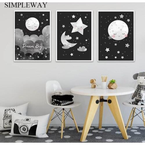 Black White Child Poster Moon Star Cartoon Nursery Print Canvas Art Painting Nordic Kids Baby Bedroom Wall Decoration Picture