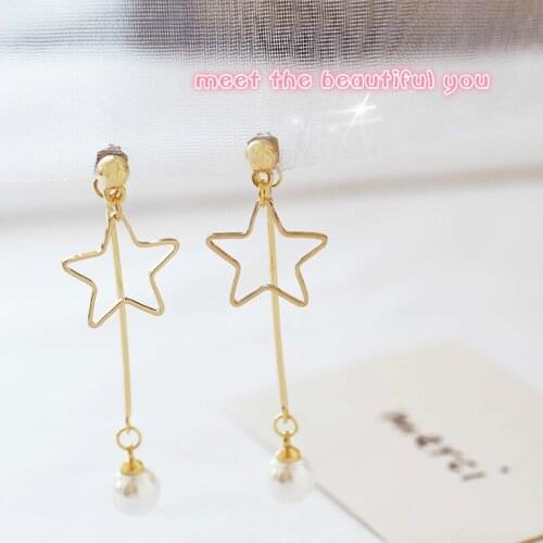 EM343 Temperament Long Imitation Pearl Women Earrings Simply Hollowed Out Five-pointed Star Dangle Earrings Jewelry Wholesale