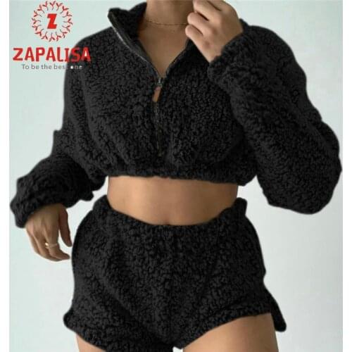 Fashion Autumn Winter Plush 2 Piece Outfits Zipper Decor Stand Collar Long Sleeve Solid Slim Short Top+Elastic High Waist Shorts
