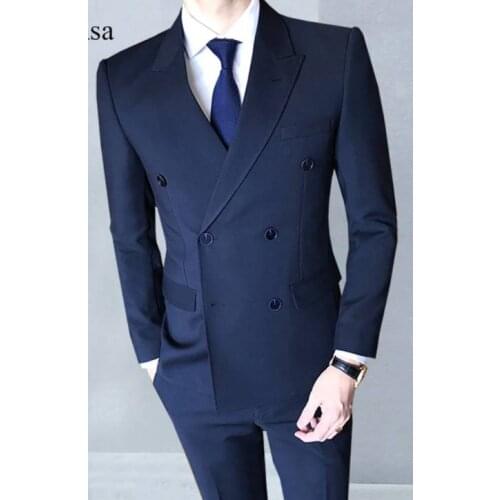 Navy Blue Double Breasted Costume Homme Marriage Wedding Masculino Terno Tuxedo Slim Fit Groom Prom Blazer 2 Pieces Men Suits