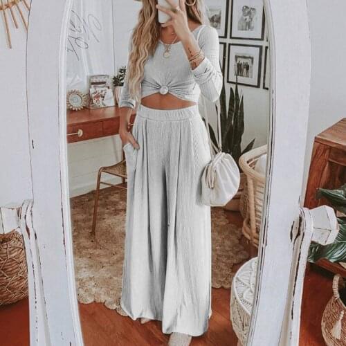 Blue Casual Knitted Top Long Pant Suit Women Spring Autumn Long Sleeves Elegant O Neck Solid Leisure Suit Home Sport Clothing