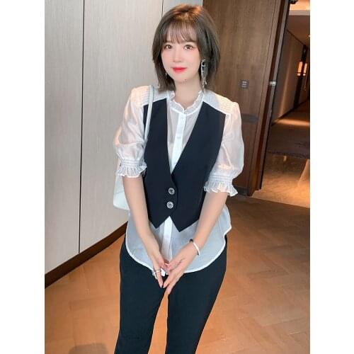 Joining together into color shirt + tall waist summer new suitspants