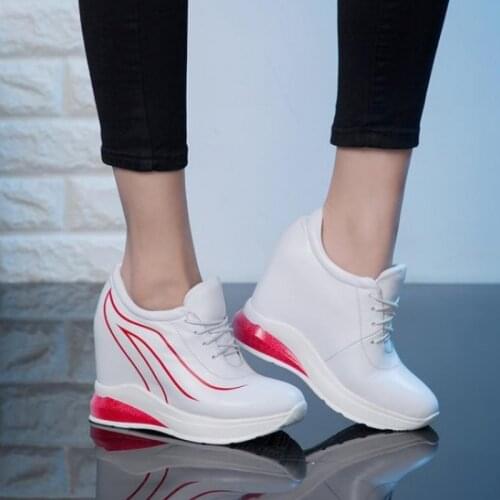 Chic Women Black White Real Cow Leather Fashion Sneaker High Wedge Hidden Heel Casual Sport Shoes Korean Styles Mixed Colors