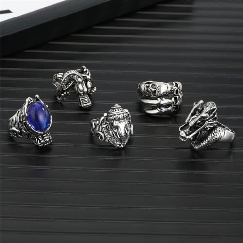 C Gothic Punk Dragon Skeleton Ring For Men Vintage Ethnic Personality Blue Bead Elephant Animals Skull Paw Male Ring Jewelry