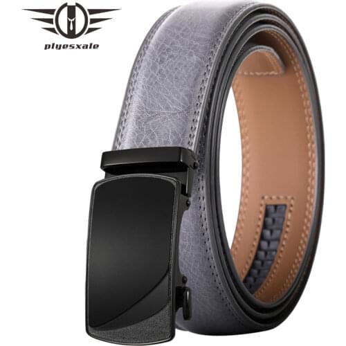 Plyesxale Mens Business Belt Brown Gray Cowhide Automatic Buckle Ratchet Formal Style Genuine Leather Trouser Belts Male B652