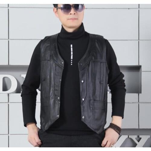 Mens Genuine Leisure Business Vest Black Sheepskin Leather Gentleman Sleeveless Jackets Waistcoat XL-8XL