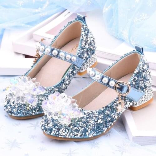 New Princess Shoes Girls Sandals Baby Fashion Rhinestones Children Frozen Elsa Party Dance genuine leather Shoes Kids High Heel