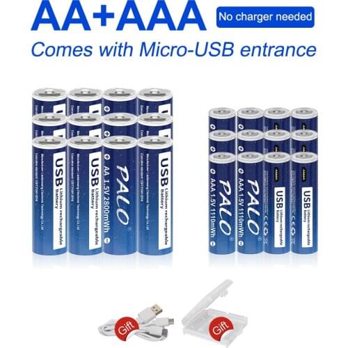 PALO 1.5V USB AAA Rechargeable Battery 1110mWh with 1.5v AA Rechargeable Batteries 2800mWh Batteries AAA with USB Cable