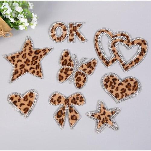 2019 New Hot Melt Adhesive Leopard Pattern Rhinestones Star Heart Bow OK Butterfly Iron on Patches for Clothing Handbag Shoes