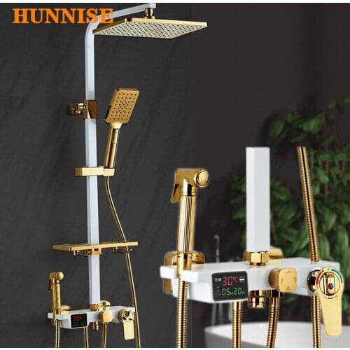 Thermostatic Shower Set HUNNISE 12 Inch Rainfall Shower Head for White Gold Bath Shower System Brass Digital Shower Mixer Sets