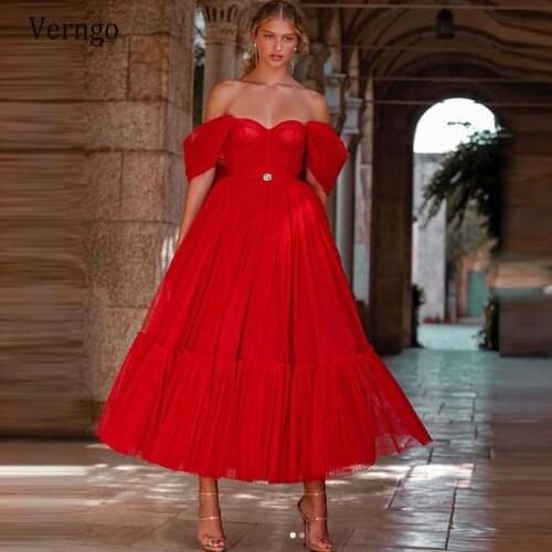 Verngo Off the Shoulder Red Tulle Evening Dresses 2021 Short Sleeves Vintage Tea Length Prom Gowns Formal Party Dressess