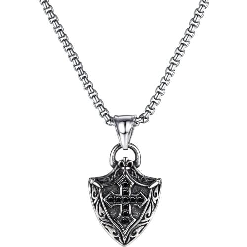 Vintage Nordic Viking Cross Necklaces Shield Pendant Retro Stainless Steel Crystal Necklace for Men Punk Jewelry